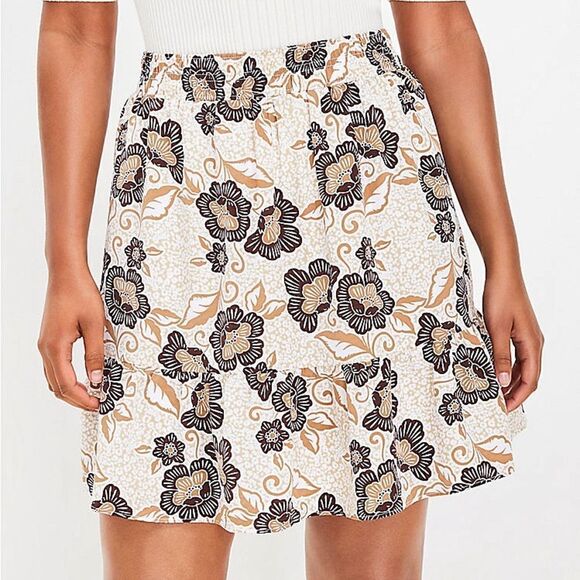 Loft Skirt Cheetah Floral Brown Tan Cream XS Petite Lined - Picture 1 of 10